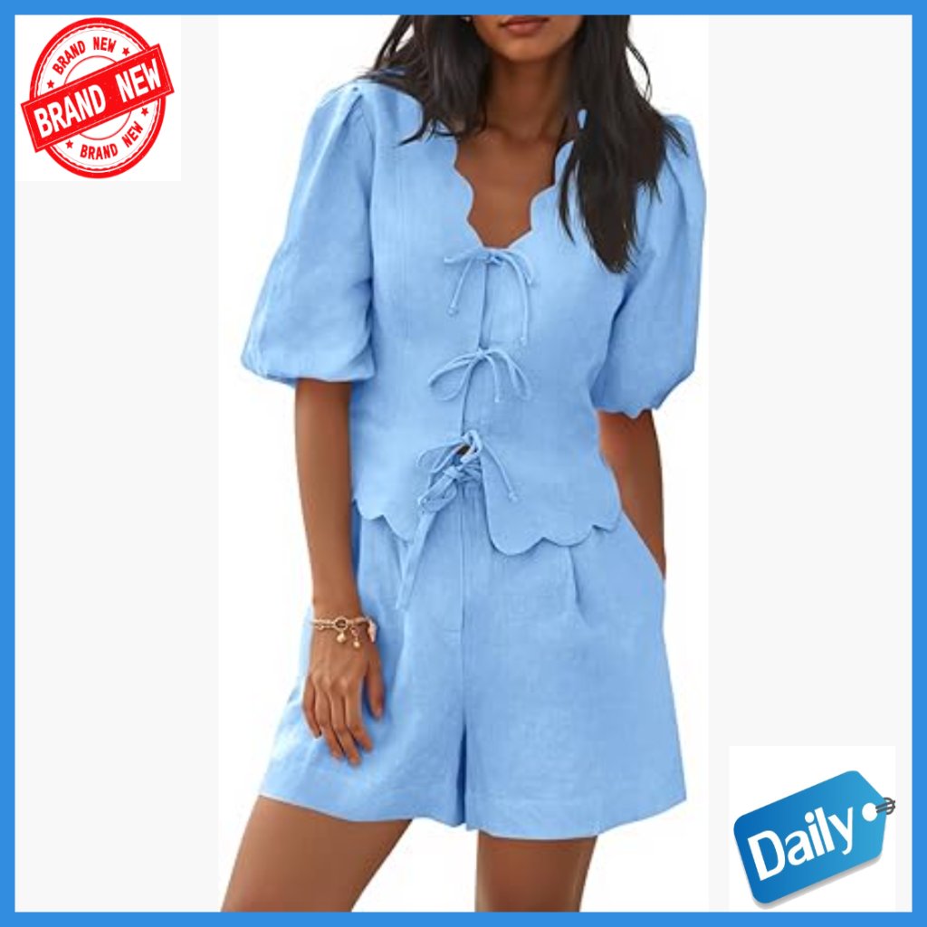Large Cotton Pajama Set Puff Sleeve V Neck Bow Tie Front Wide Leg Shorts